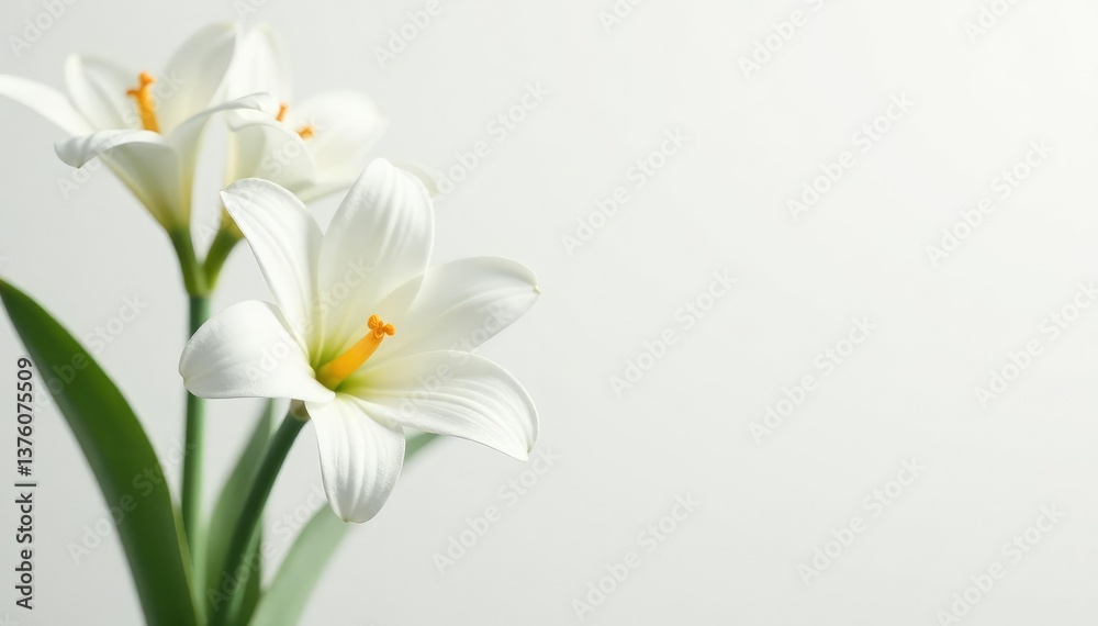 Fototapeta premium Close-up shot of pristine white flowers against stark white backdrop, blossom, design