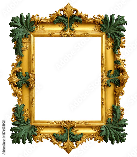 Ornate baroque gold picture frame with green leaf detailing like vintage empty decorative border for classic artwork display, isolated on transparent background