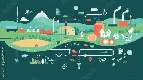Farm-to-table food production process illustration.