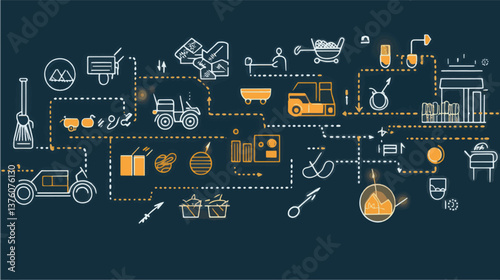 Agricultural process from farm to table, showing farming, harvesting, processing, packaging, and distribution