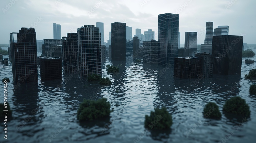 Fototapeta premium Devastating flooding event in urban landscape gigapixel-standard scale aerial view climate impact