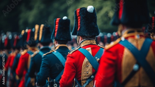 Dramatic military parade featuring soldiers dressed in vibrant uniforms with tall hats. Their disciplined formation creates a powerful display. Generative AI