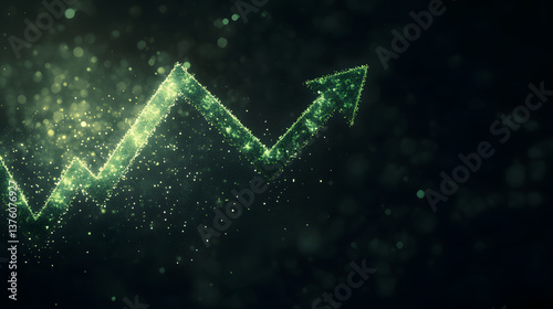 A green arrow pointing upwards on an abstract financial background.
