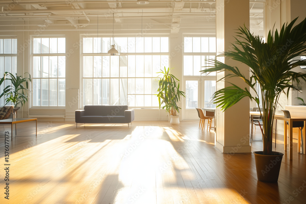 Minimalist Loft with Floor-to-Ceiling Windows and Indoor Plants