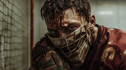 Intense hockey player portrait showing determination after match trauma and resilience