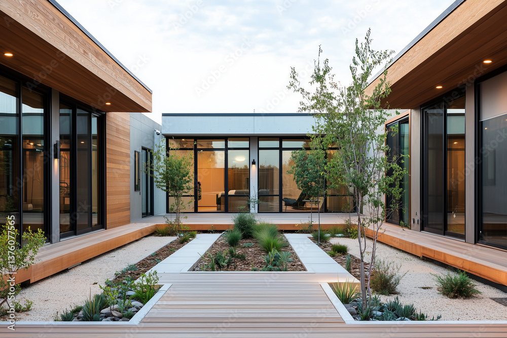 Contemporary Courtyard House with Pathway and Landscaping