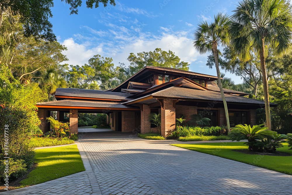 Tropical Modern Bungalow with Palm Trees and Brick Detailing