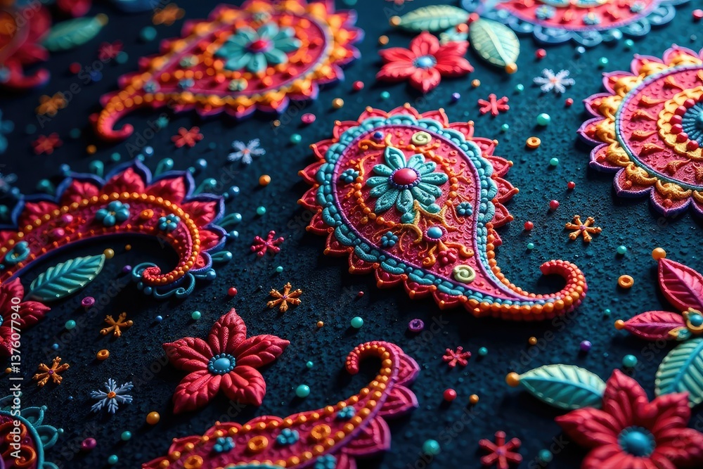 Fototapeta premium Intricate paisley pattern in rich jewel tones on fabric , repeating, paisley