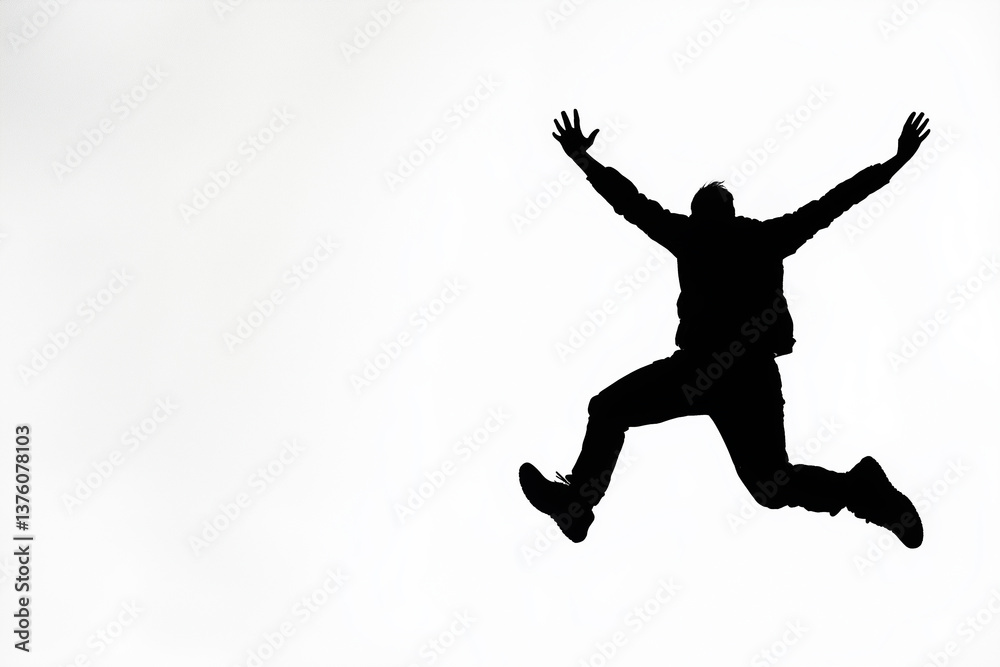 A silhouette of a person leaping joyfully against a light background. A silhouette of a person leaping joyfully against a light background.