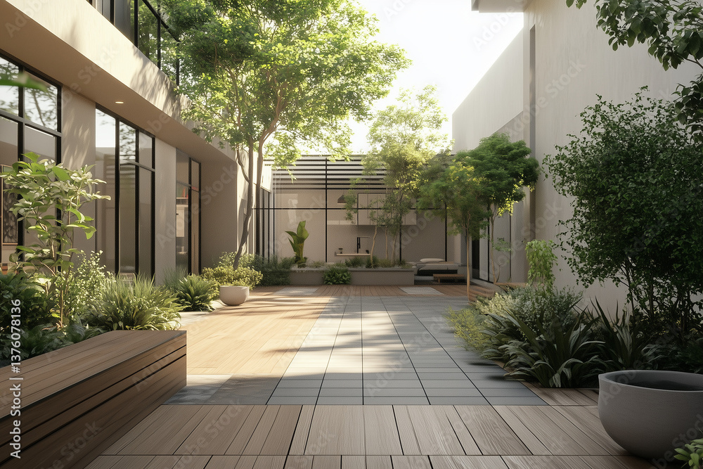 Modern Courtyard Garden with Minimalist Architecture and Greenery