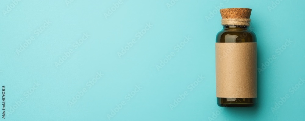 Fototapeta premium A simple glass bottle with a cork top sits against a teal background, featuring a blank label for customization.