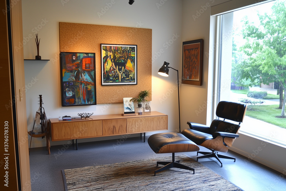 Reading Nook with Art Wall and Leather Lounge Chair