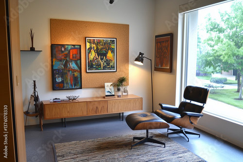 Obraz na płótnie Reading Nook with Art Wall and Leather Lounge Chair w salonie