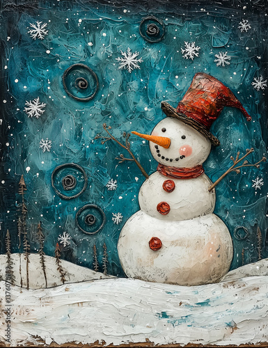 A cheerful snowman stands against a starry winter night backdrop.