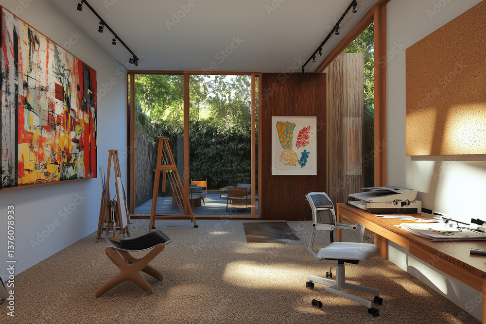 Creative Art Studio with Sliding Glass Door to Green Garden