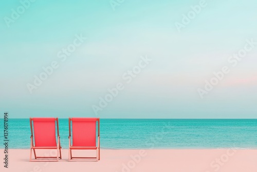 Two red beach chairs sit on a pristine shore, overlooking a calm turquoise sea under a clear sky, evoking relaxation and tranquility.
