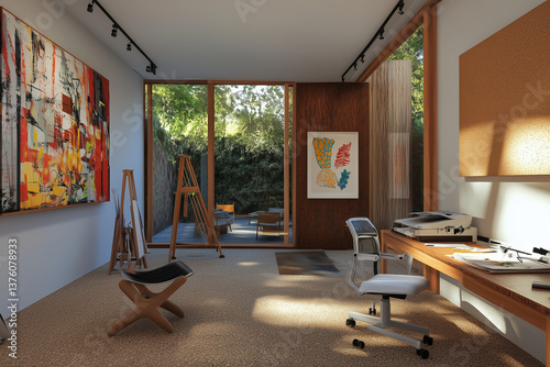 Obraz na płótnie Creative Art Studio with Sliding Glass Door to Green Garden w salonie