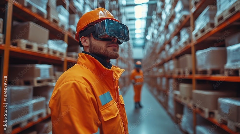 Workers in bright uniforms utilize virtual reality tools inside a large warehouse designed for logistics and distribution, optimizing performance in a fast paced environment. Workers in bright uniforms utilize virtual reality tools inside a large warehouse designed for logistics and distribution, optimizing performance in a fast paced environment.