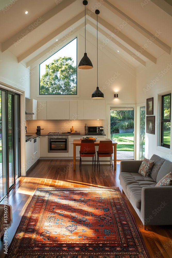 Bright Minimalist Kitchen and Dining with White Beams and Skylight
