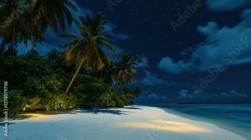 Tropical night beach scene with calm ocean reflecting starry sky, surrounded by lush palm trees and fine white sand under moonlight.