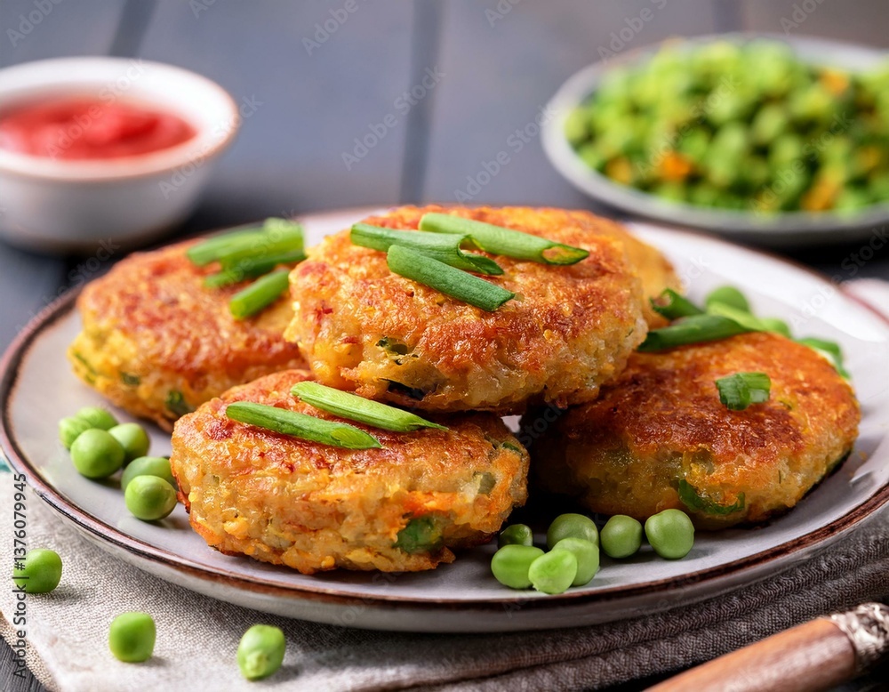 Fried vegetable patties on a plate. Yummy patties made of potatoes, green peas, carrot and Fried vegetable patties on a plate. Yummy patties made of potatoes, green peas, carrot and