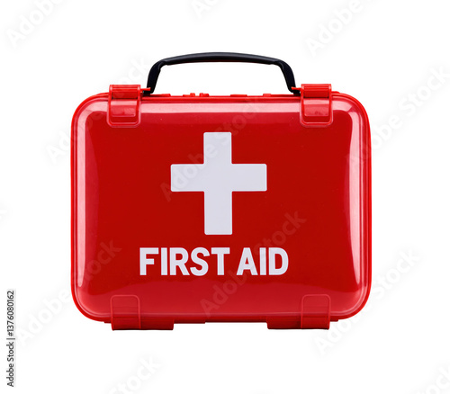 Red first aid kit box, emergency medical supply case used as portable healthcare safety pack or survival gear for home, made of durable plastic, isolated on a transparent background