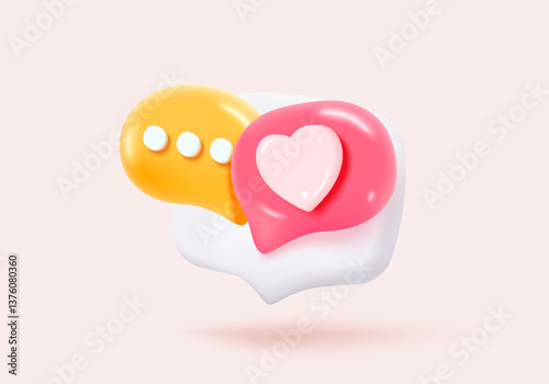 3D romance icon on social media online platform. speech bubble with heart and love emoji icon, like and play, surprise marriage. 3d heart icon vector render illustration