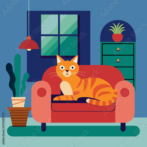 Cozy interior with a reddish-orange cat relaxing on a sofa in a stylish living room design
