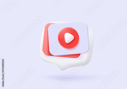 3d social media video player in speech bubble. Red round play buttons for start multimedia with simplicity colorful video concept, audio playback. 3d watch buttons icon vector rendering illustration