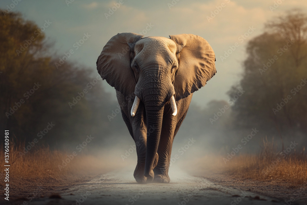 Obraz premium Elephant walks alone through a misty landscape, reflecting solitude and serenity