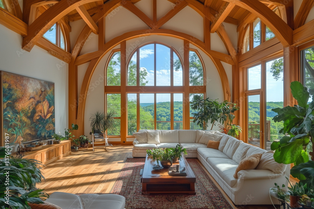 Vaulted Ceiling Living Room with Floor-to-Ceiling Glass Window