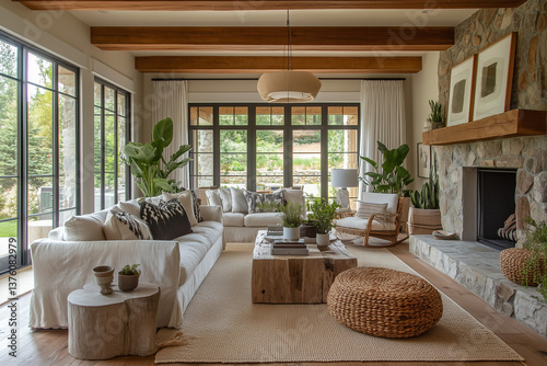Bright and Airy Living Room with White Sofa and Wooden Accents