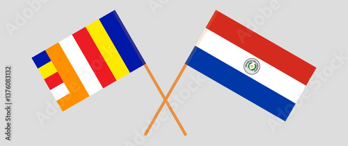 Crossed flags of Buddhism and Republic of Paraguay. Official colors. Correct proportion. Vector illustration