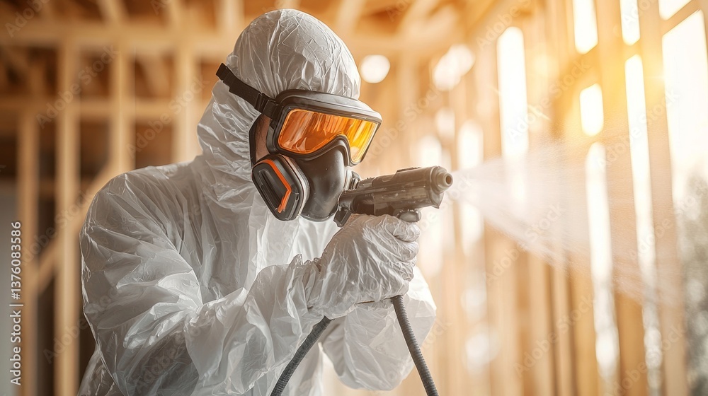 Construction Worker in Protective Suit Spraying Insulation in New Home Frame