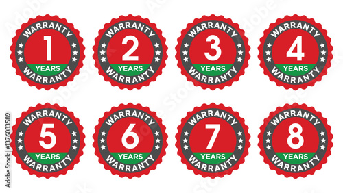 Warranty Badges Collection from 1 to 8 Years - Red and Green Circular Design with Stars for Premium Product Guarantee and Service Assurance