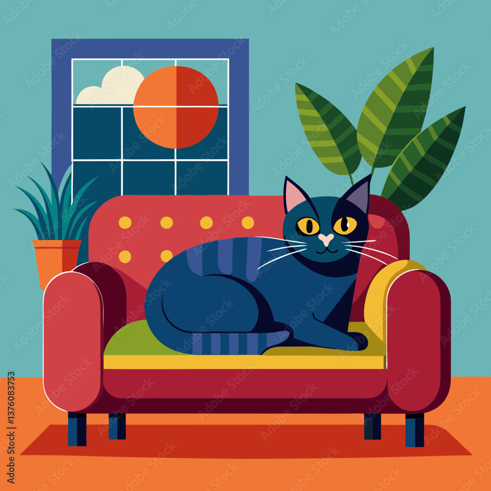 Fototapeta premium Stylish living room featuring a blue cat lounging on a colorful sofa by the window