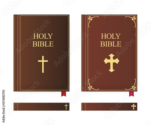 Two brown Holy Bibles with gold crosses and red bookmarks