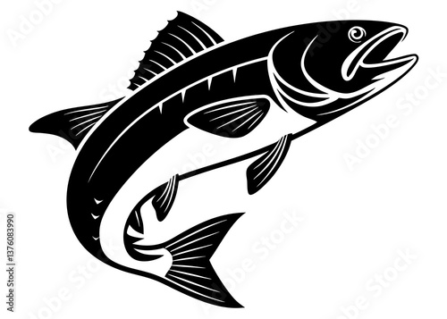 Swimming fish silhouette with sleek body and fin details in black and white vector illustration


