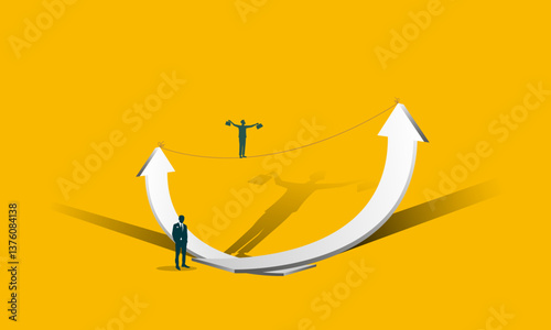 A successful businessman walks towards his goal along a
 wire rope. Overcome all obstacles and achieve your goal. Vector image