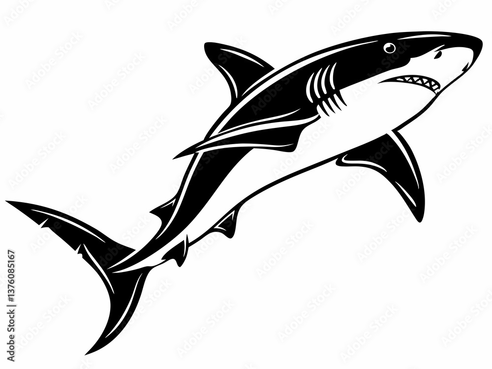 Obraz premium Swimming shark silhouette with streamlined body and sharp fins in black and white vector design