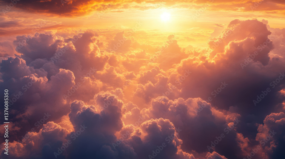 Fototapeta premium breathtaking view of vibrant sunset illuminating fluffy clouds, creating serene and ethereal atmosphere. warm colors blend beautifully, evoking sense of peace and wonder