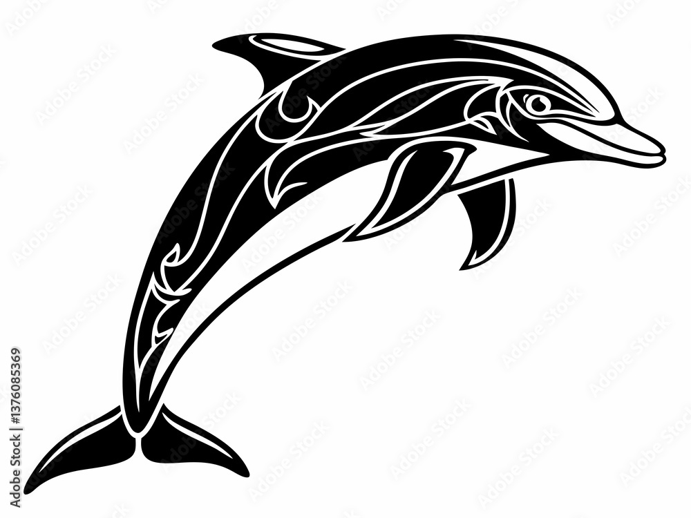 Naklejka premium Jumping dolphin silhouette with smooth curves and aquatic motion in black and white vector art