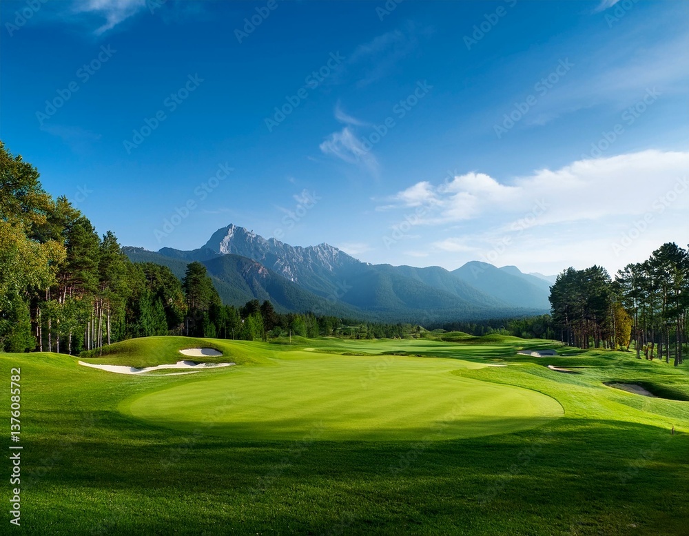 Naklejka premium Golf course with mountain and blue sky background.