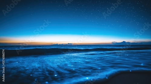 Enchanting bioluminescent seascape under starry night sky, featuring glowing blue waves with sparkling plankton and distant horizon illuminated by celestial light.