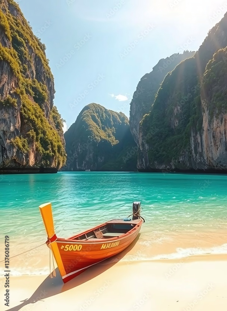 Obraz premium Serene Beach Retreat - Bamboo Boat on a Hidden Paradise