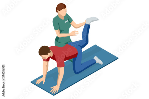 Isometric vector scene of male patient performing physical therapy exercise guided by therapist, focusing on leg and hip rehabilitation on exercise mat.