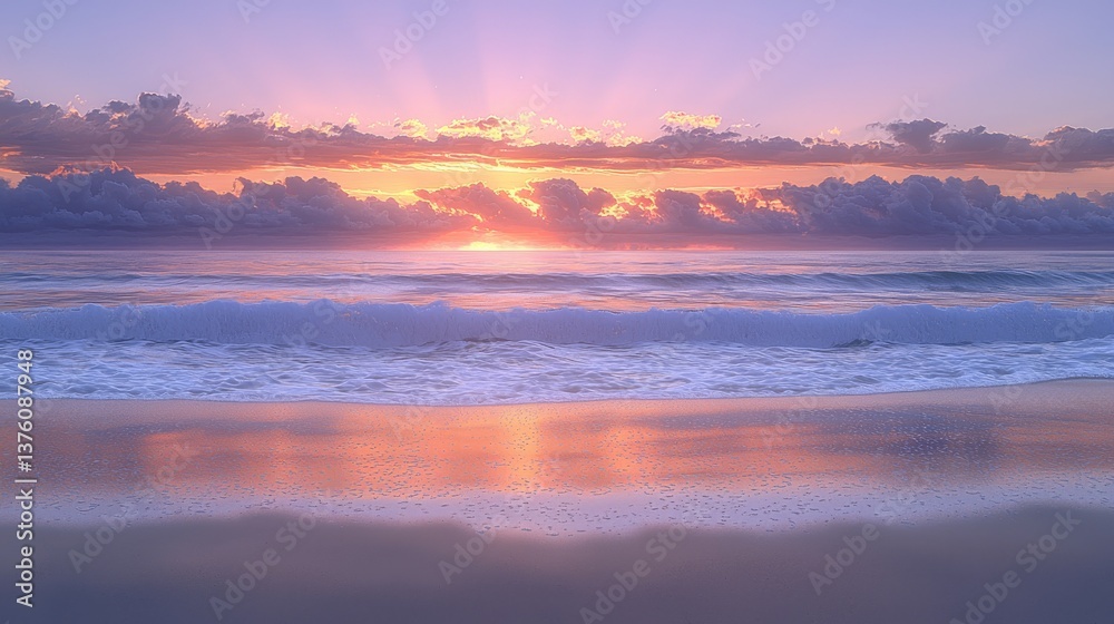 Fototapeta premium Captivating dawn landscape over a tranquil sea with radiant sky reflections
