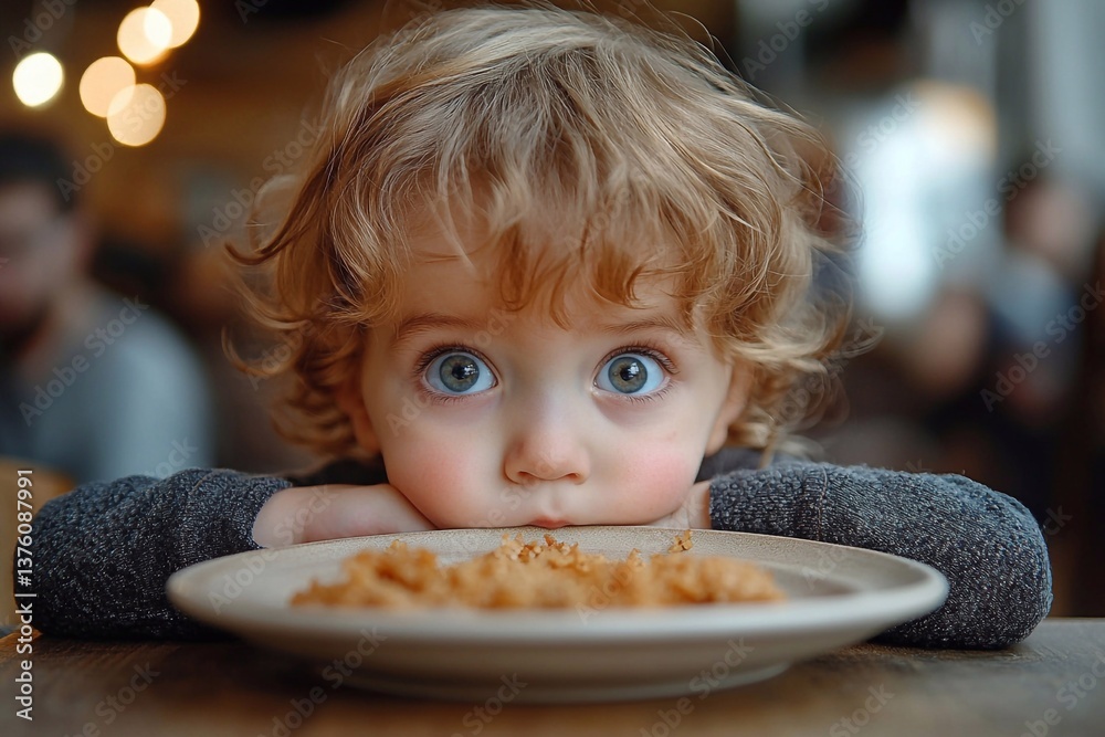 Happy child in a good mood sitting at the table near healthy food, breakfast