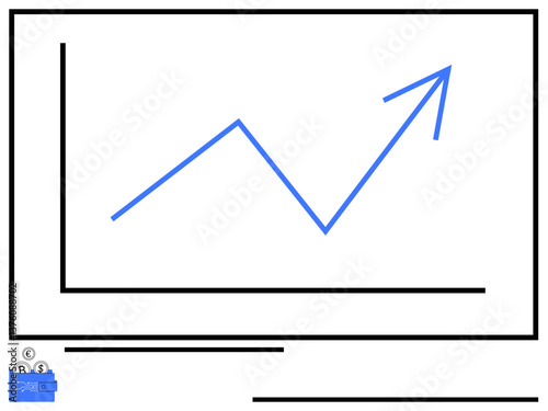 Blue upward arrow indicating growth, line graph lines, and a secure lockbox with symbols of money. Ideal for finance, business growth, profit, security, success investment and statistics. Flat