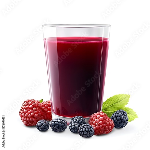 Berry Bliss: A vibrant glass of mixed berry juice alongside fresh raspberries and blackberries, radiating natural deliciousness.